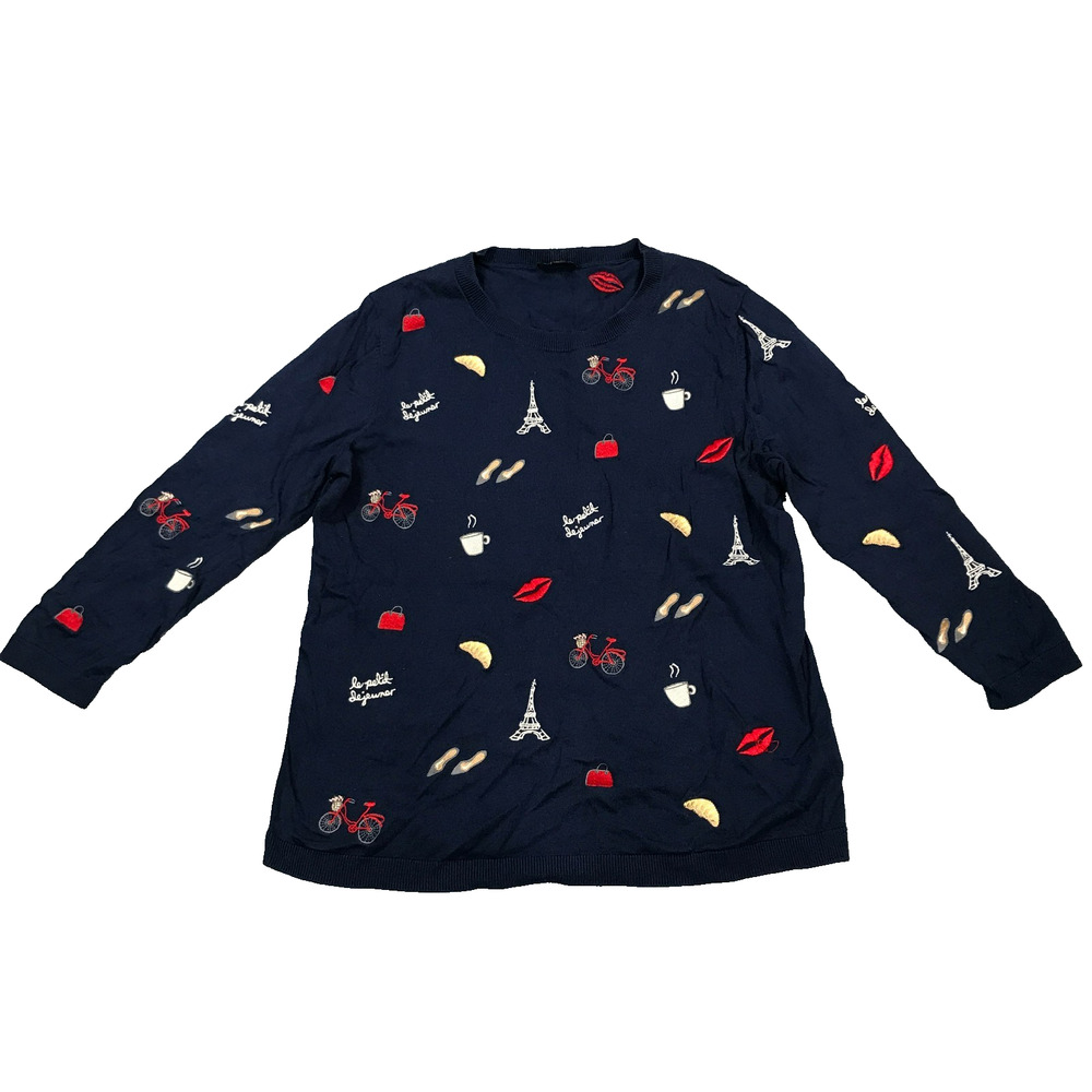 Talbots Med Petite Sweater Blue Paris Bicycle Lips Coffee Eiffel Tower Flaw BD3